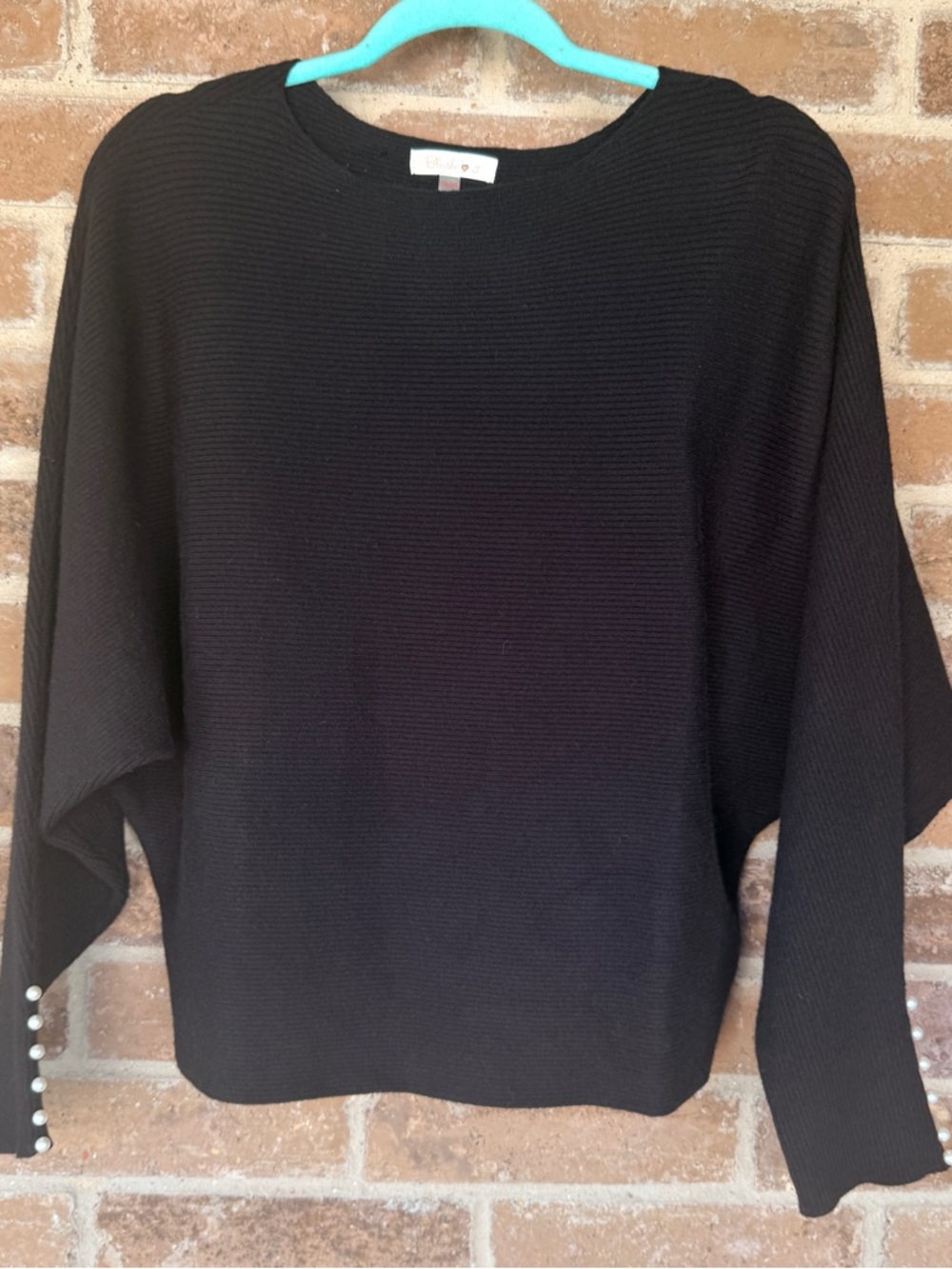 Blush Black Crewneck Sweater with Pearl Cuff Buttons